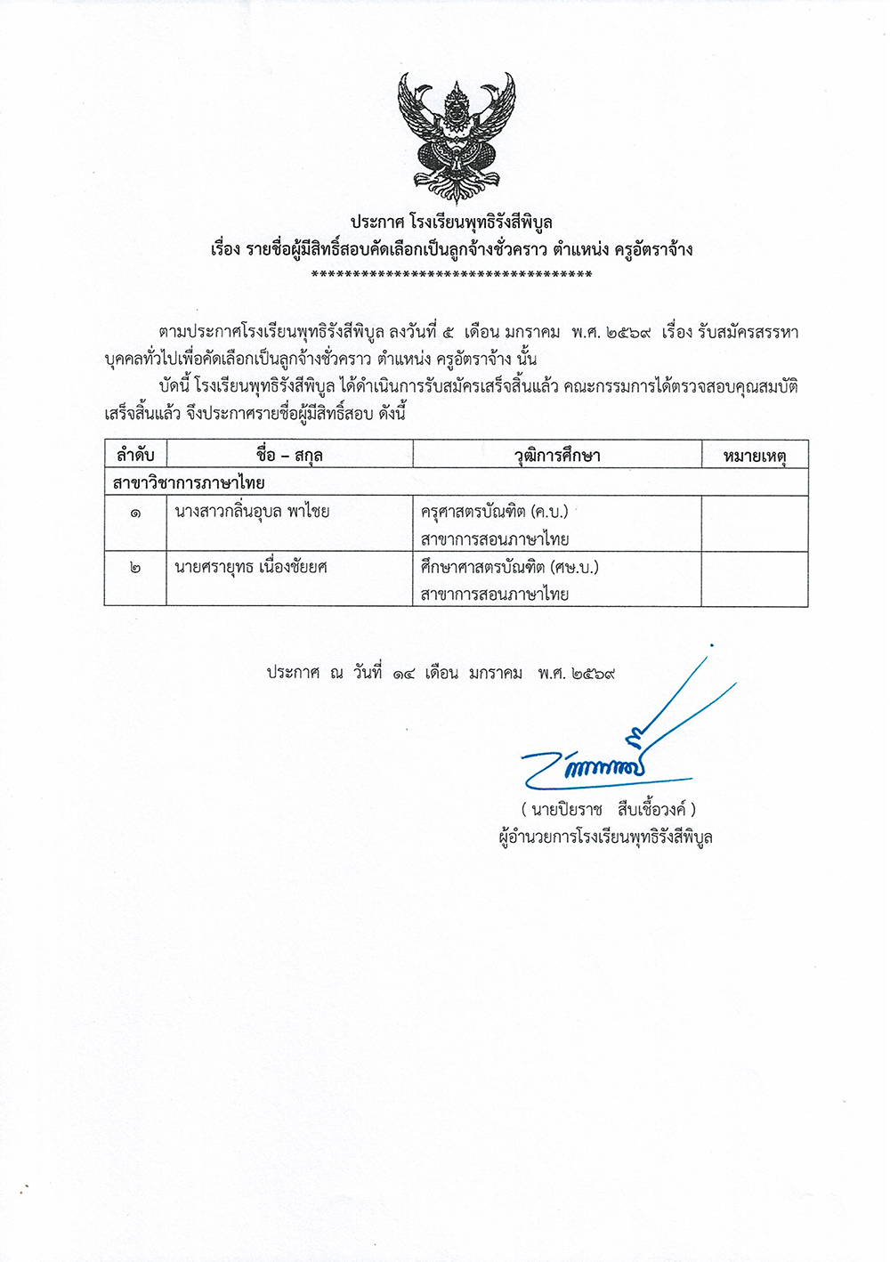 ประกาศครูภาษาไทย